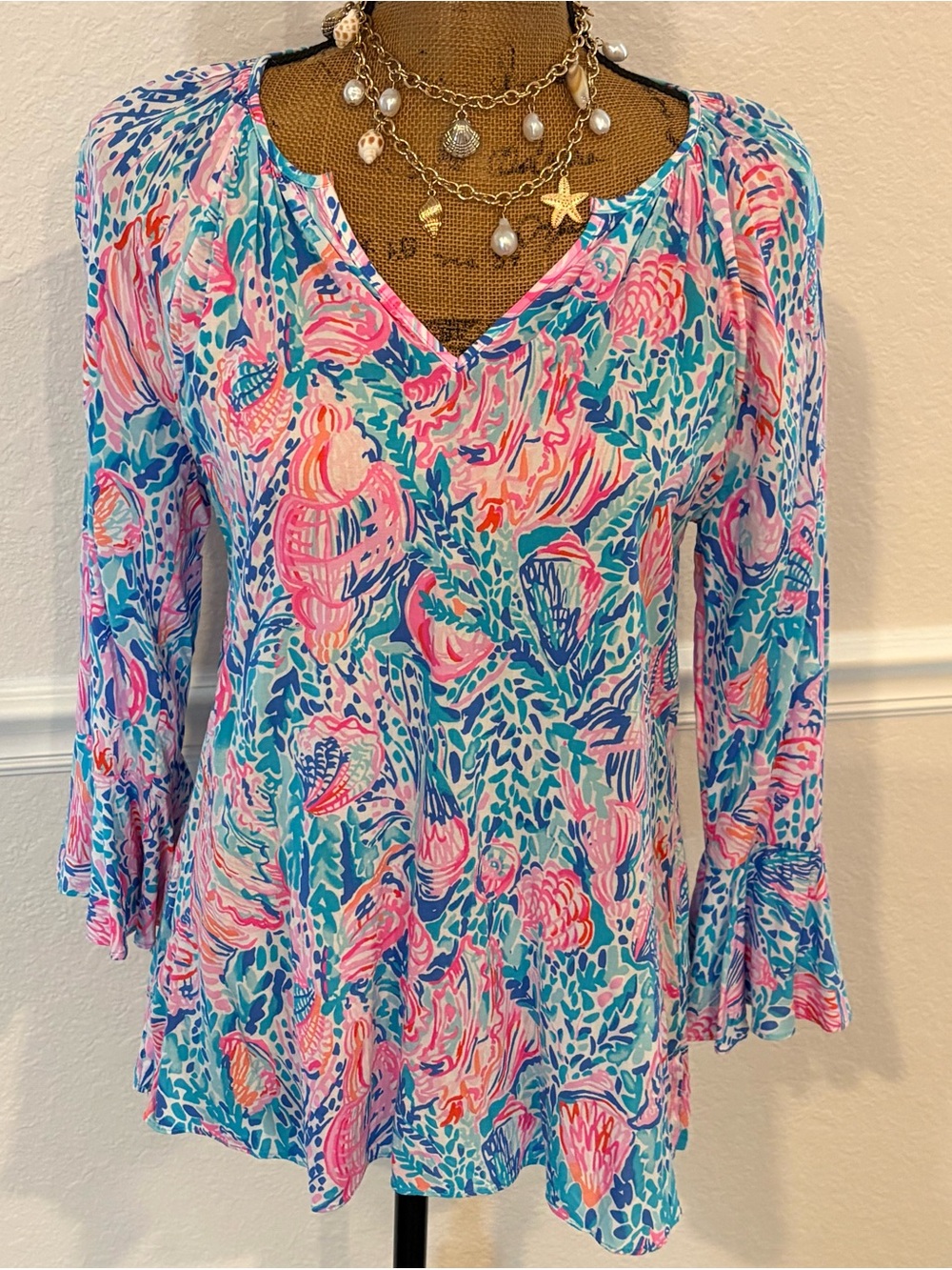 Lilly Pulitzer Willa Flounce Sleeve Top Shell Print Treasure Trove Size Small